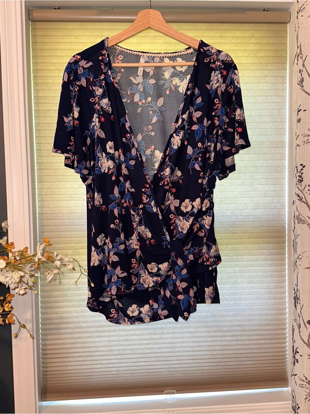 Xhilaration Navy Floral Wrap Blouse